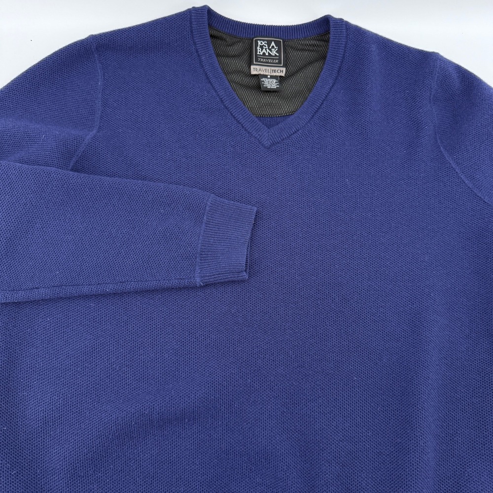 Jos A Bank Traveler V Neck Sweater Mens M Blue Merino Wool Blend Travel Tech